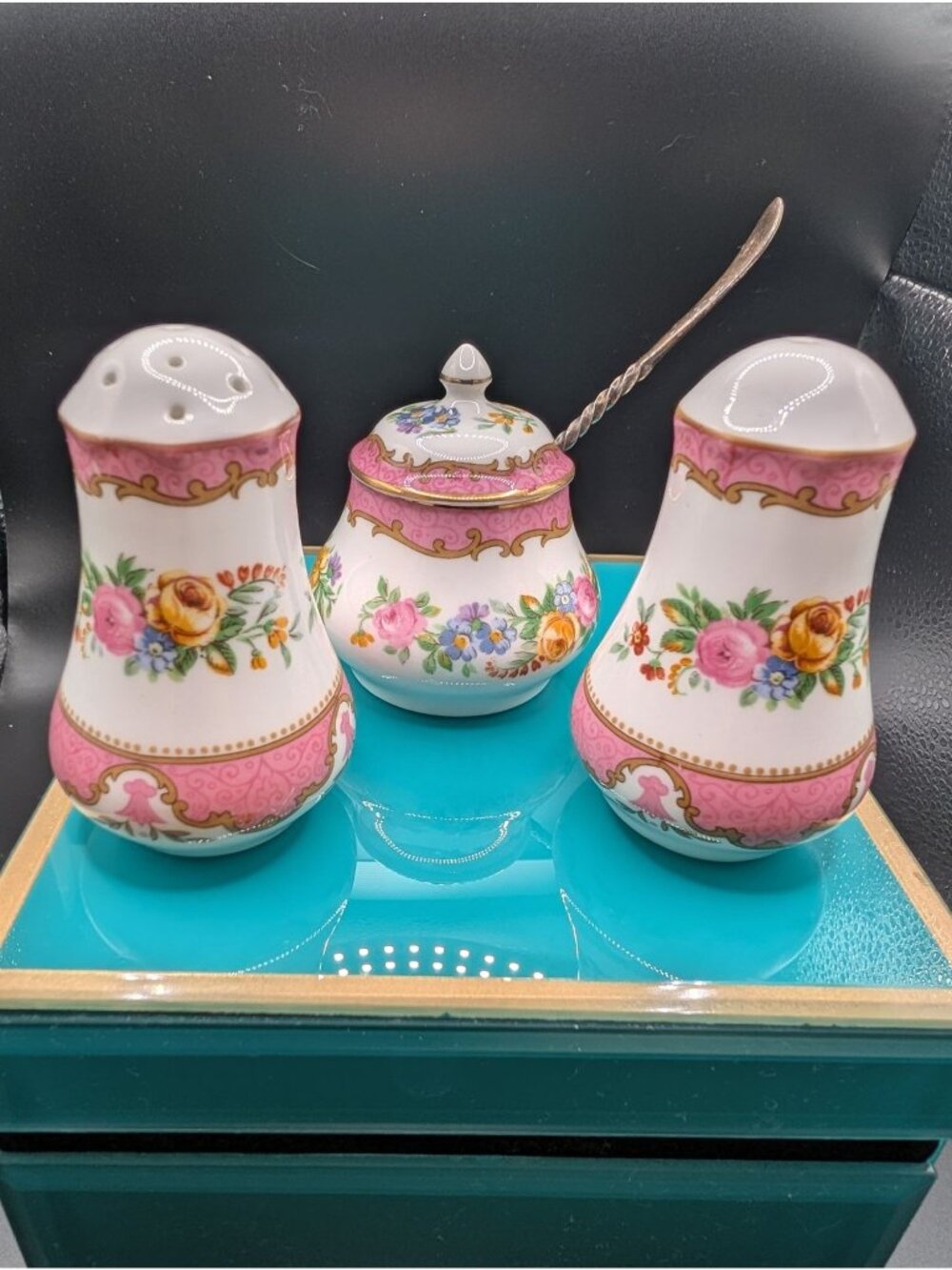 Staffordshire "Tunis Pink" Bone China Cruet Set with Silver Spoon Salt Pepper